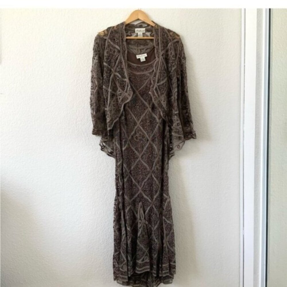 Embellished Brown Lace Mini Dress with Matching Jacket